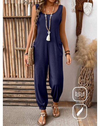 Pocket Stitching Crew Neck Casual Jumpsuit