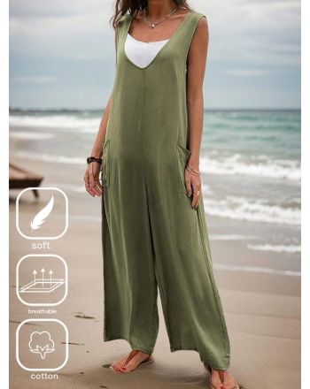 Plain Casual Cotton Loose Jumpsuit