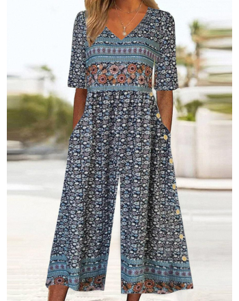 Loose Disty Floral Casual Jumpsuit