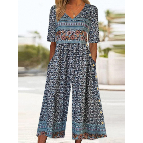 Loose Disty Floral Casual Jumpsuit